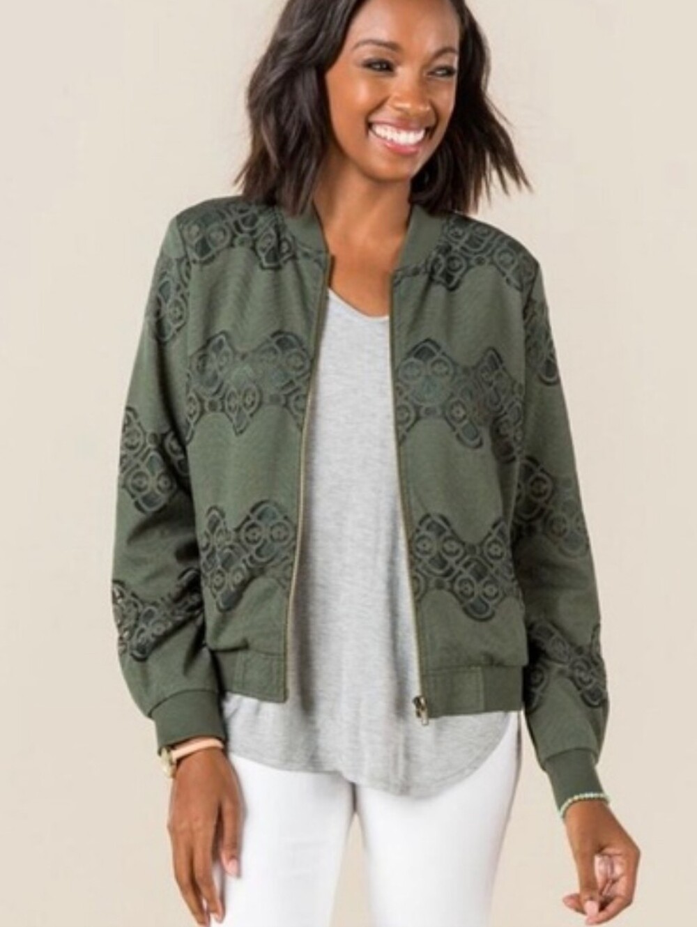 Francesca's Lace Green Bomber Jacket Size Medium